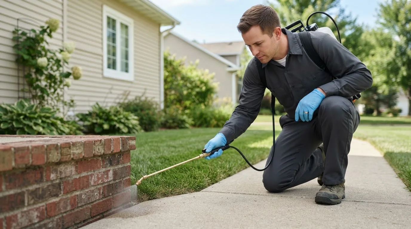 Pest control technician treating a home near Daleville, IN